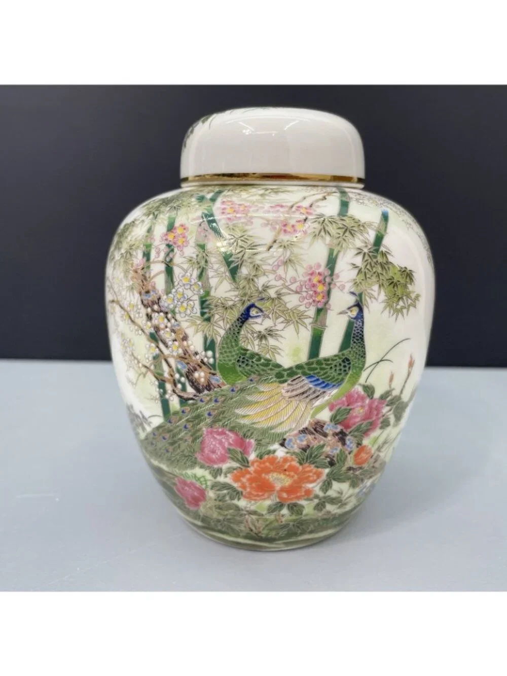 Vintage 70s Japan Yamaji Ginger Jar Peacocks Floral Porcelain Hand Painted